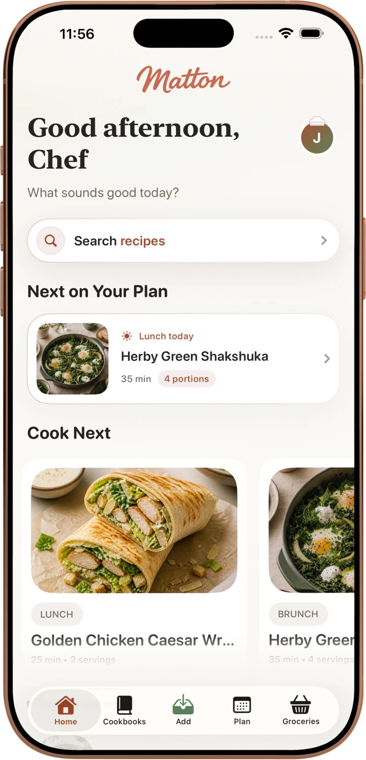 Matton home screen with saved recipes and the next planned meal
