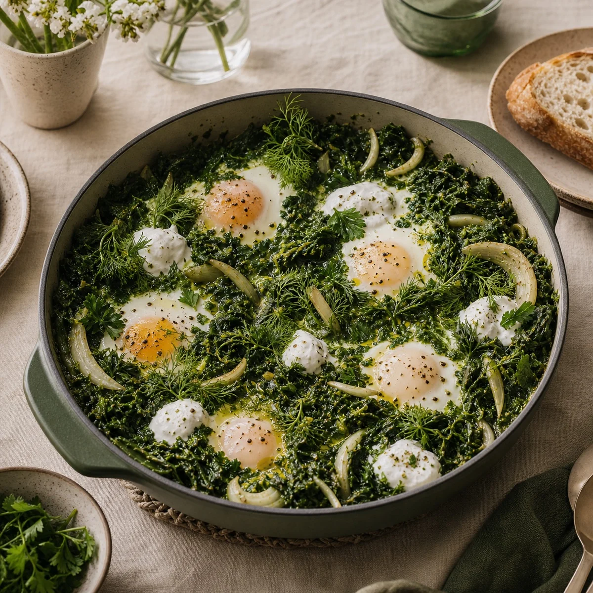 Herby green shakshuka served in a skillet