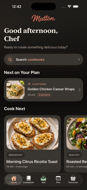 Matton home screen showing a personal recipe collection