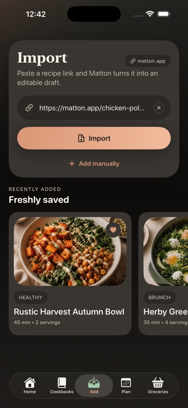 Matton import screen for saving a recipe from the web