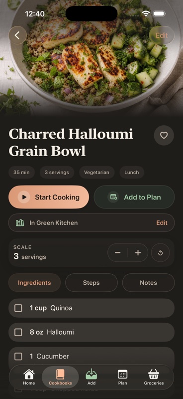 Matton recipe detail screen with ingredients and directions