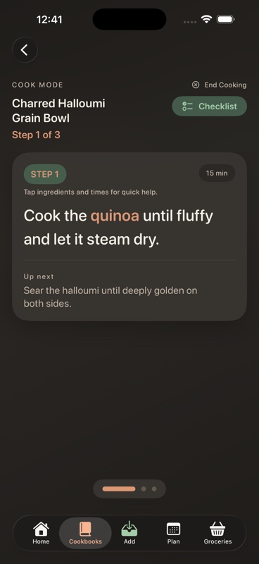 Matton cook mode screen with step-by-step recipe directions