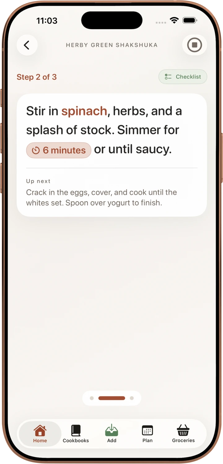 Matton Cook Mode showing a timed recipe step